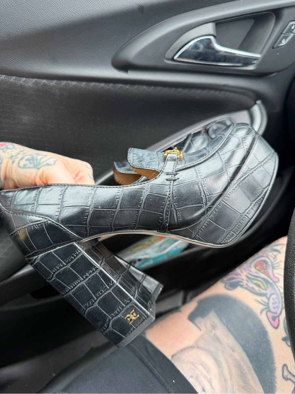 Sam Edelman Black Croc-Embossed Mary Jane Block Heels